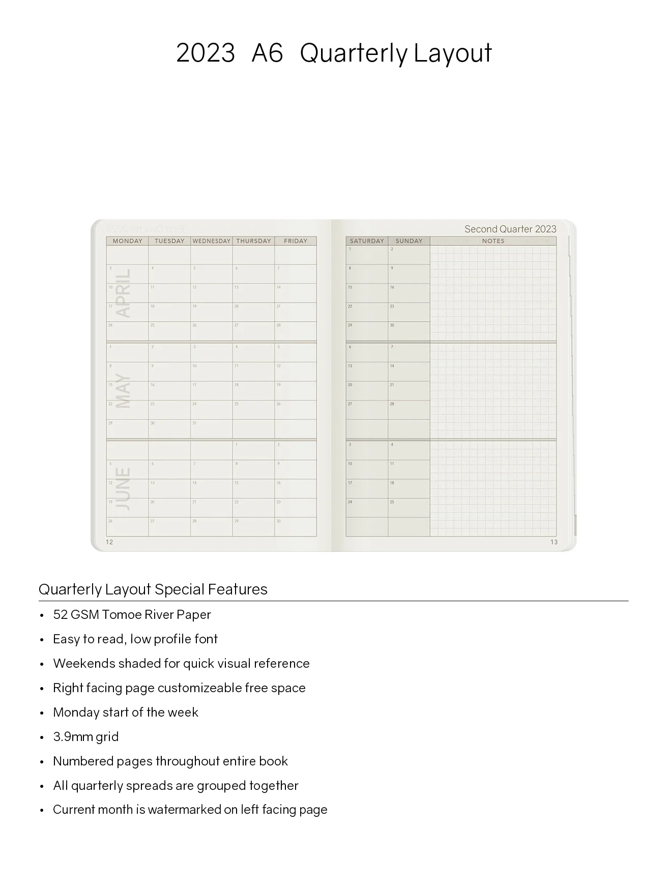 2023 A6 Weekly Planner | 52gsm Tomoe River Paper | Core | Stacked Weekends - Image 4