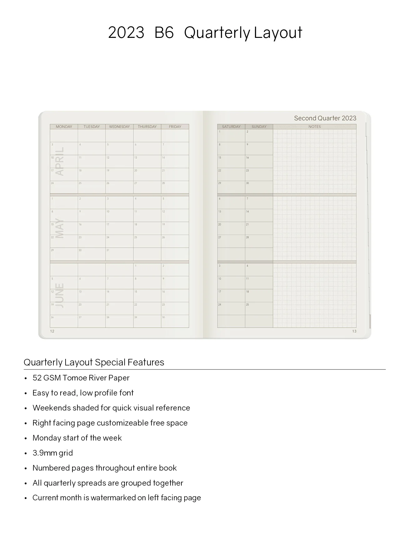 2023 B6 Weekly Planner | 52gsm Tomoe River Paper | Core | Stacked Weekends - Image 5