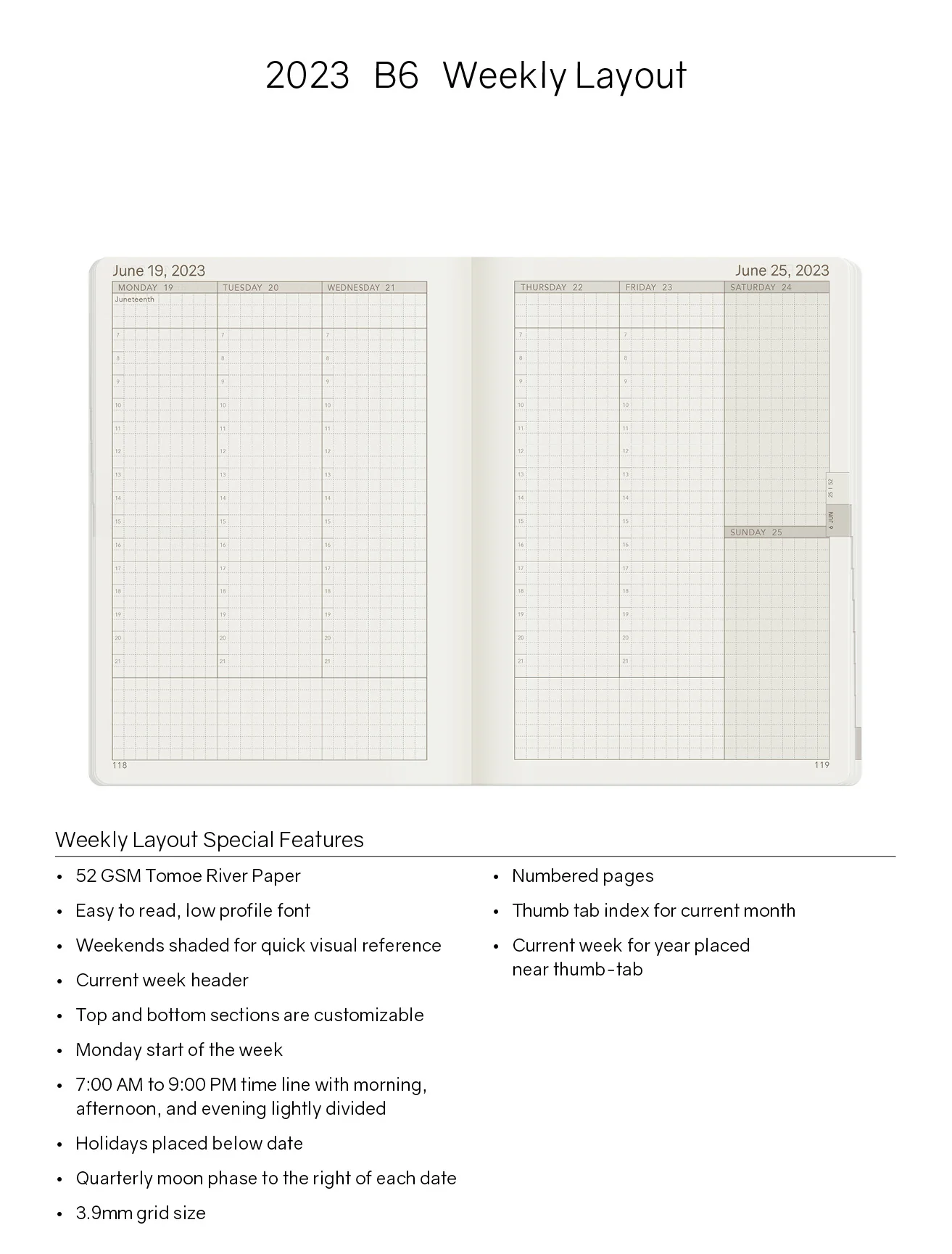 2023 B6 Weekly Planner | 52gsm Tomoe River Paper | Core | Stacked Weekends - Image 8